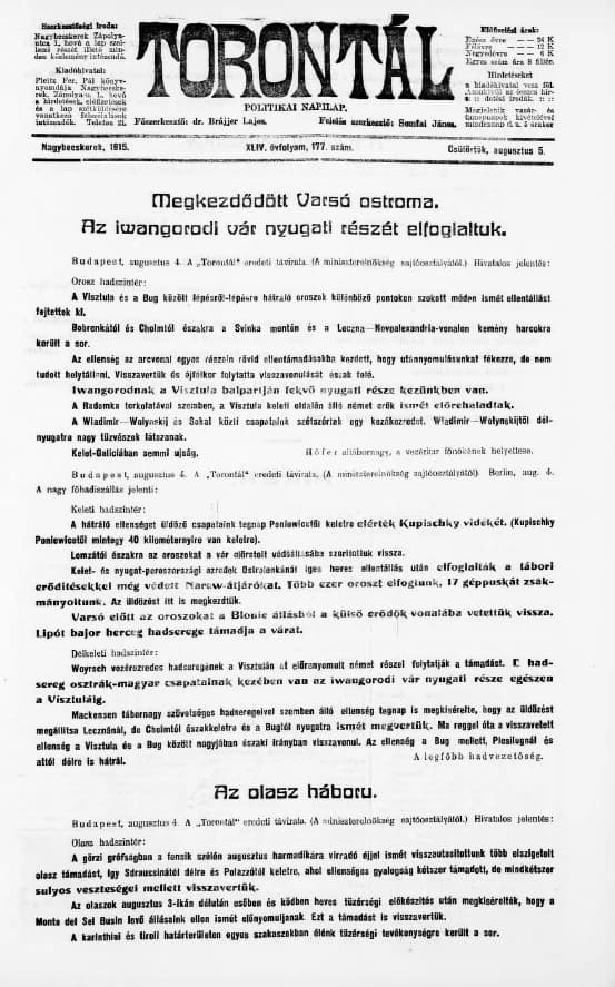 Torontál, 44. évf. 1915. augusztus 5. 177. sz.