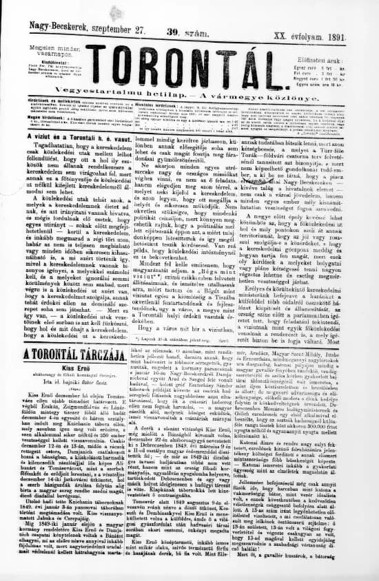 Torontál, 20. évf. 1891. szeptember 27. 39. sz.