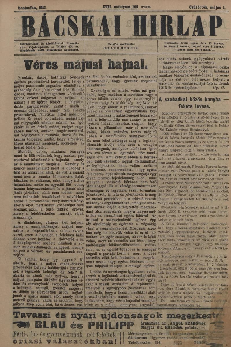 Bácskai Hirlap, 17. évf. 1913. május 1. 100. sz.