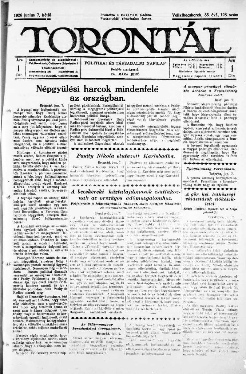 Torontál, 55. évf. 1926. június 7. 128. sz.