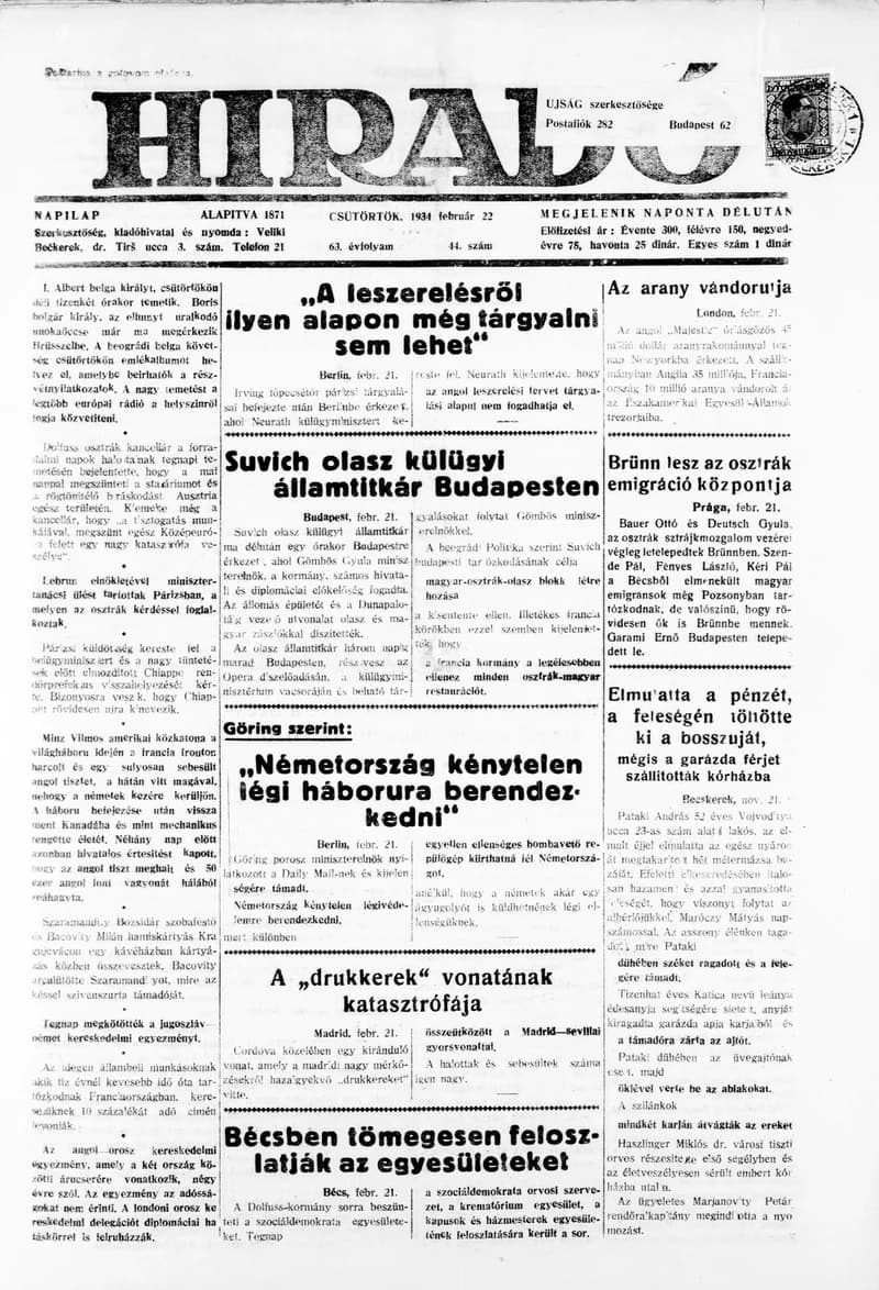 Híradó, 63. évf. 1934. február 22. 44. sz.