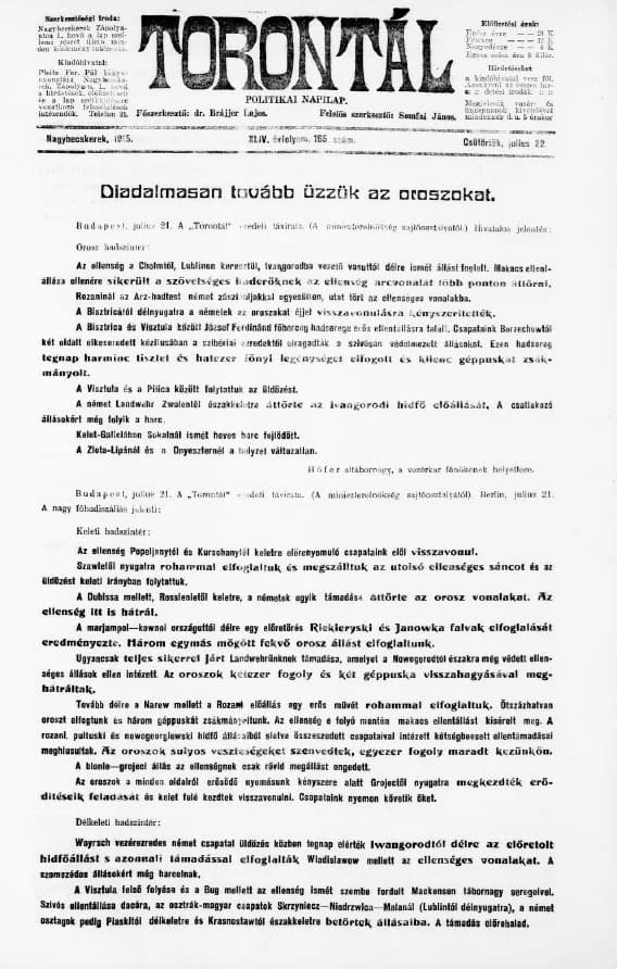 Torontál, 44. évf. 1915. július 22. 165. sz.