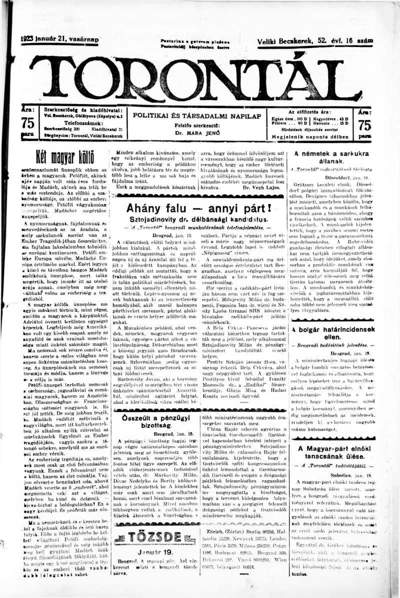 Torontál, 52. évf. 1923. január 21. 16. sz.