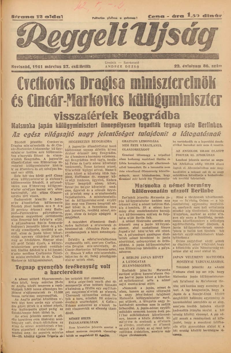 Reggeli Újság, 22. évf. 1941. március 27. 86. sz.