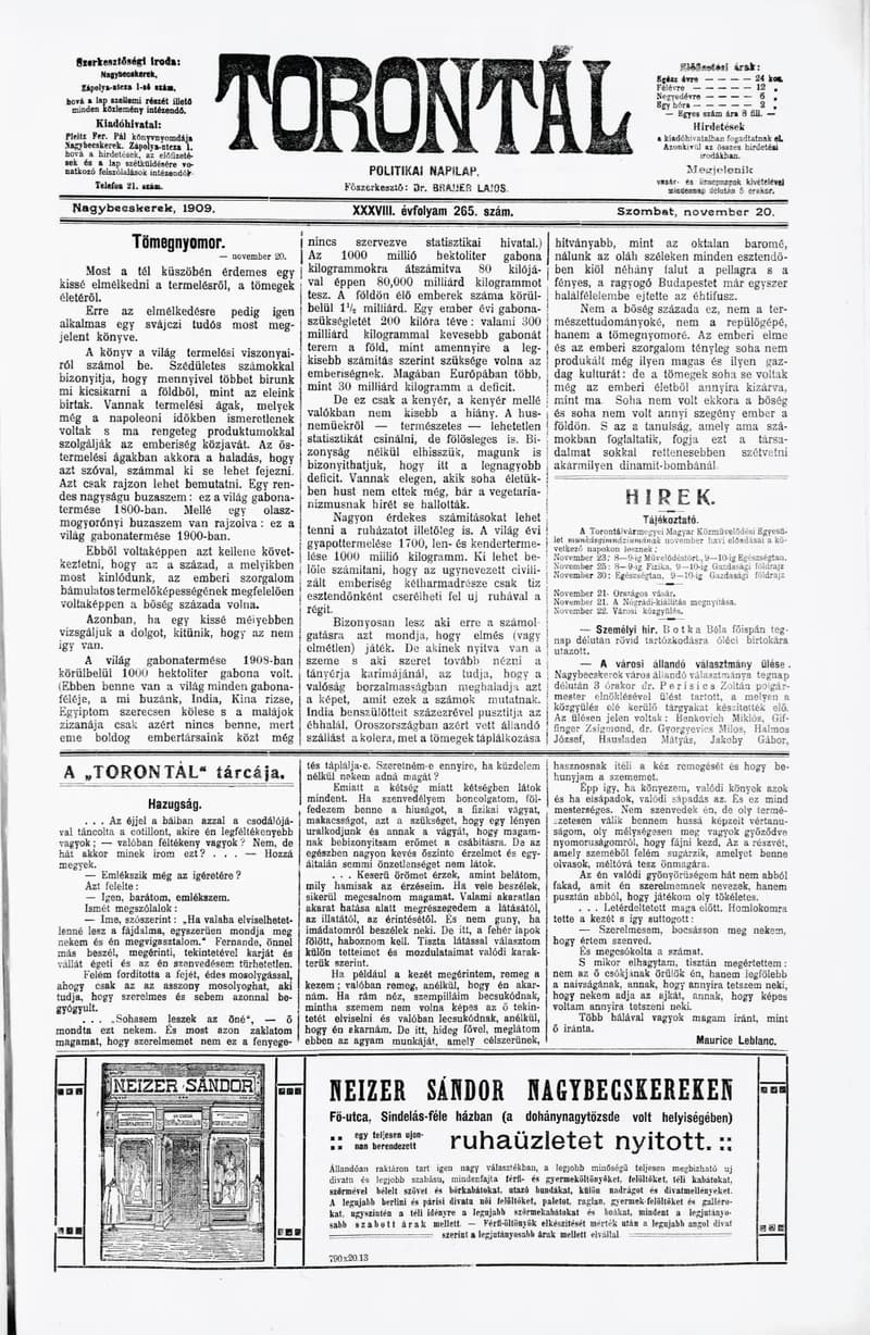 Torontál, 38. évf. 1909. november 20. 265. sz.