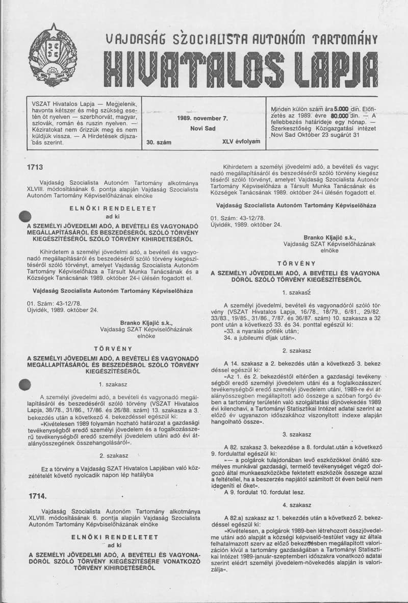 Vajdaság Szocialista Autonóm Tartomány Hivatalos Lapja, 45. évf. 1989. november 7. 30. sz.