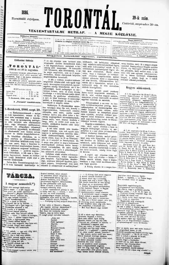 Torontál, 15. évf. 1886. szeptember 30. 39. sz.