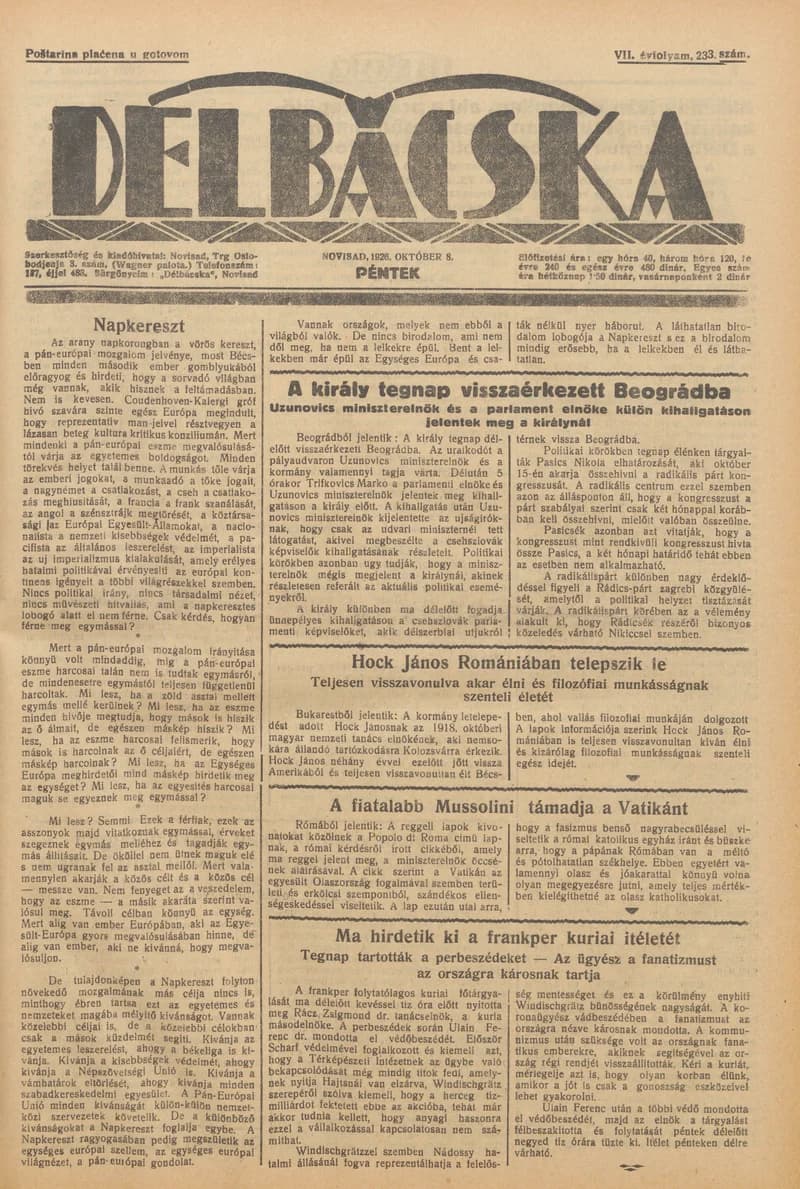 Délbácska, 7. évf. 1926. október 8. 233. sz.
