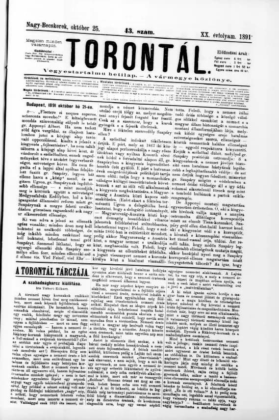 Torontál, 20. évf. 1891. október 25. 43. sz.