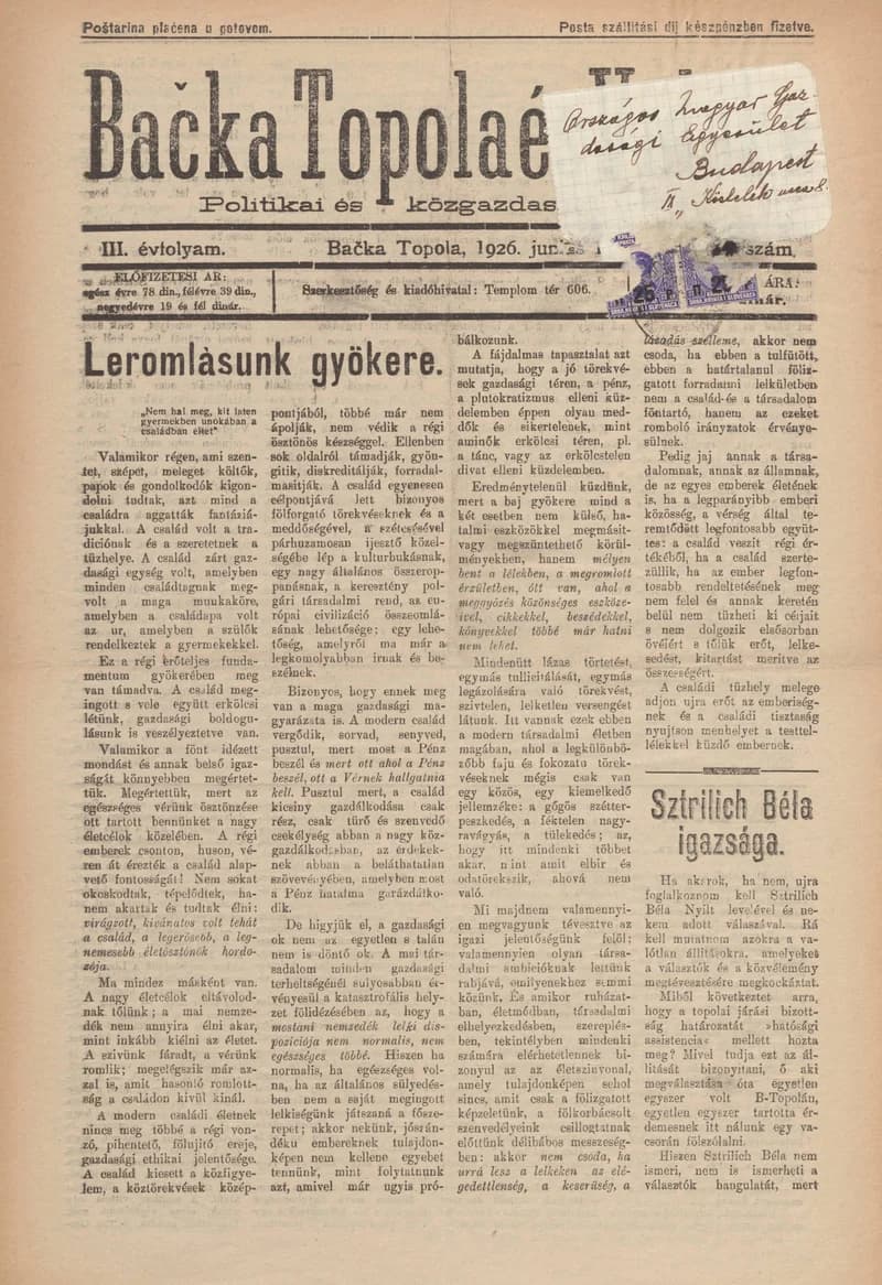 Bačka Topola és Vidéke, 3. évf. 1926. június 13. 24. sz.