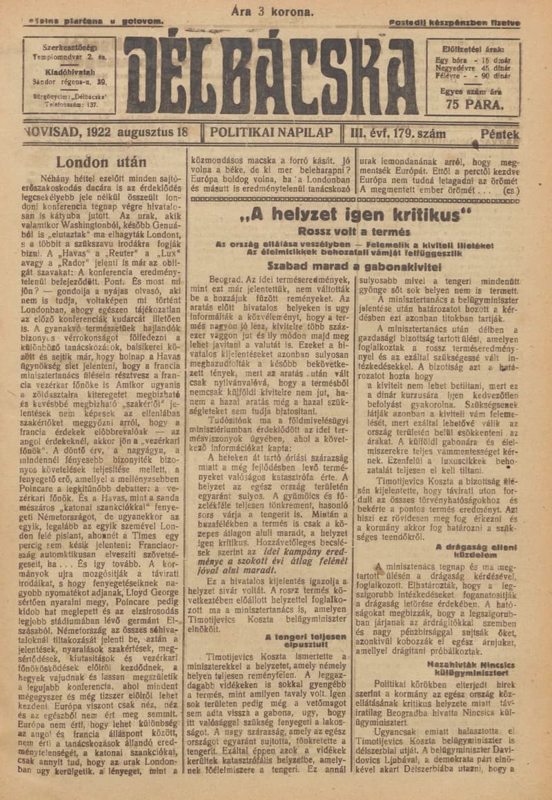 Délbácska, 3. évf. 1922. augusztus 18. 179. sz.