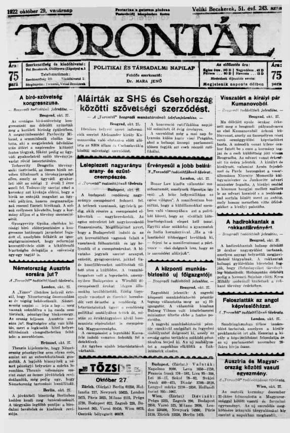 Torontál, 51. évf. 1922. október 29. 243. sz.