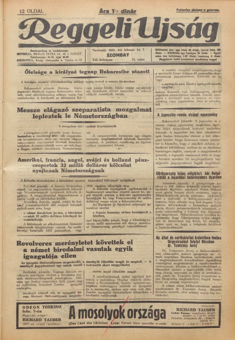 Reggeli Újság, 12. évf. 1931. február 7. 31. sz.