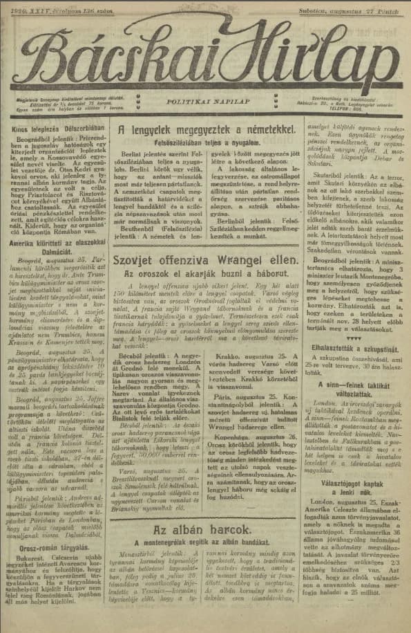 Bácskai Hirlap, 24. évf. 1920. augusztus 27. 136. sz.