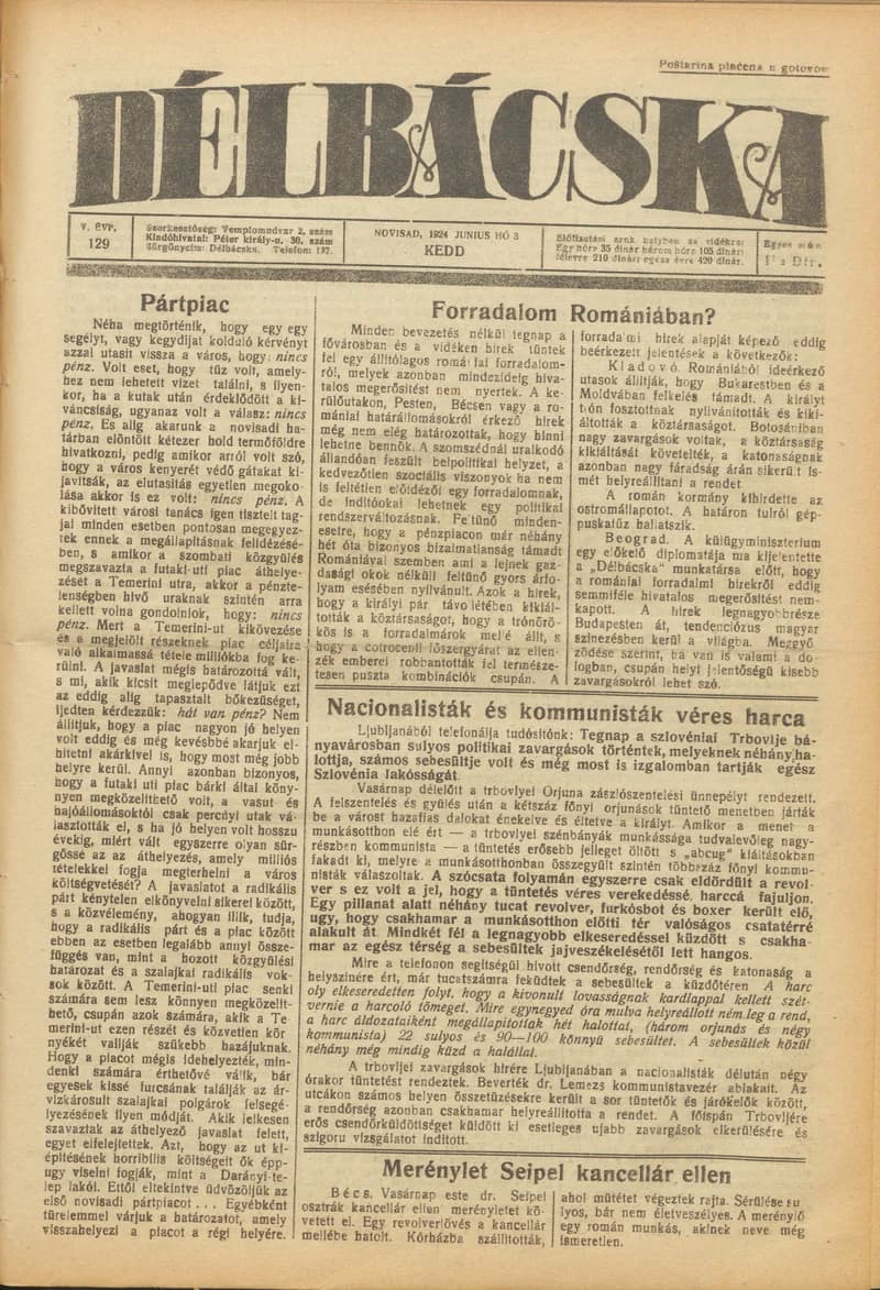 Délbácska, 5. évf. 1924. június 3. 129. sz.