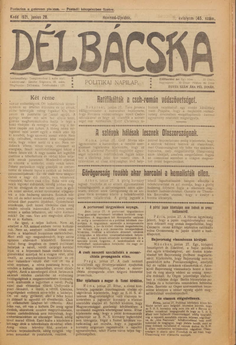 Délbácska, 2. évf. 1921. június 28. 145. sz.