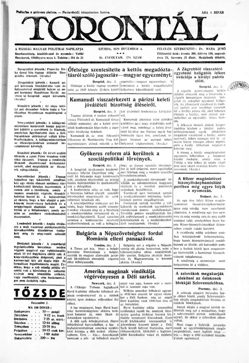Torontál, 58. évf. 1929. december 4. 279. sz.