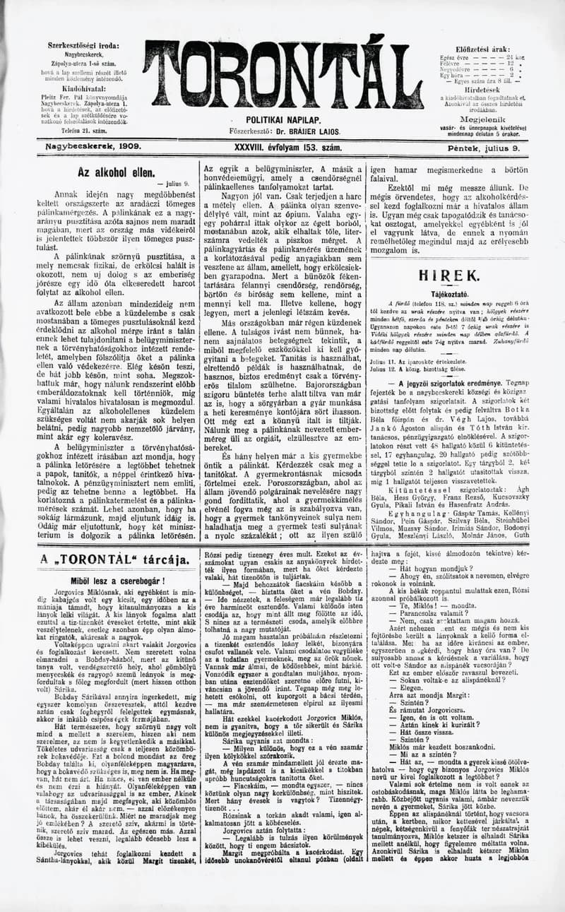 Torontál, 38. évf. 1909. július 9. 153. sz.