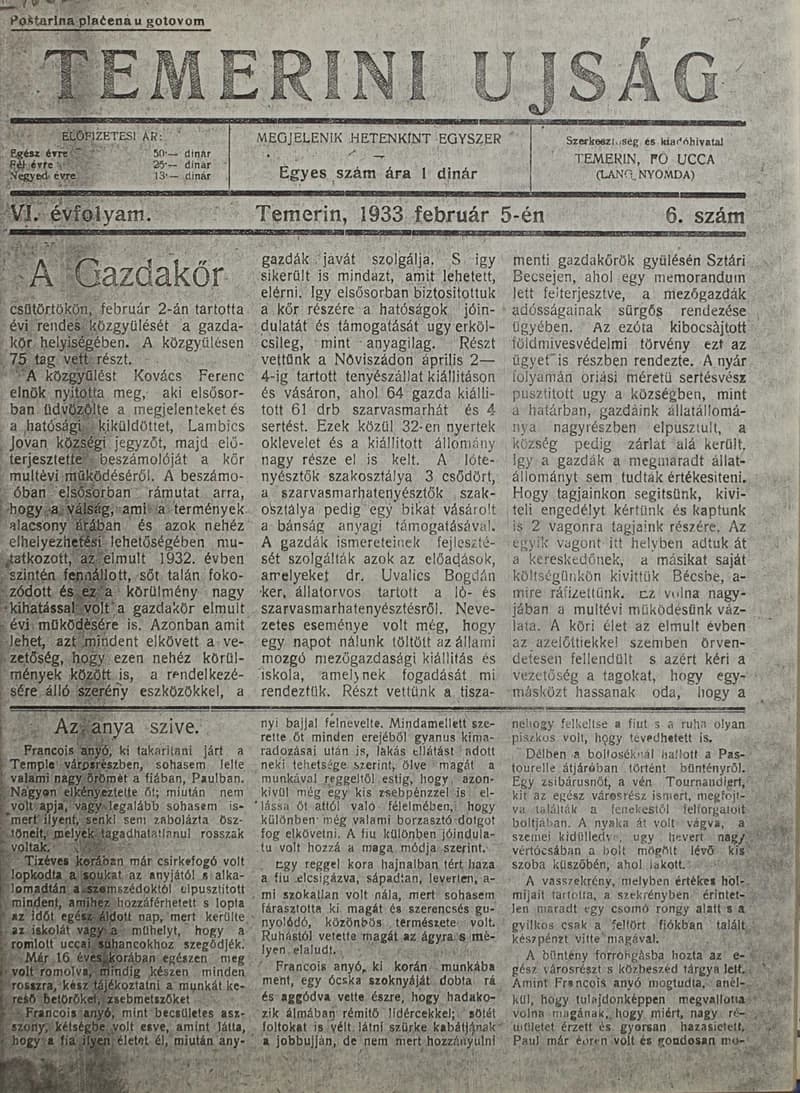Temerini Újság 1928-1944, 6. évf. 1933. február 5. 6. sz.