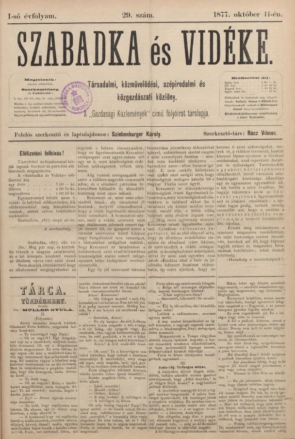Szabadka és vidéke, 1. évf. 1877. október 11. 29. sz.