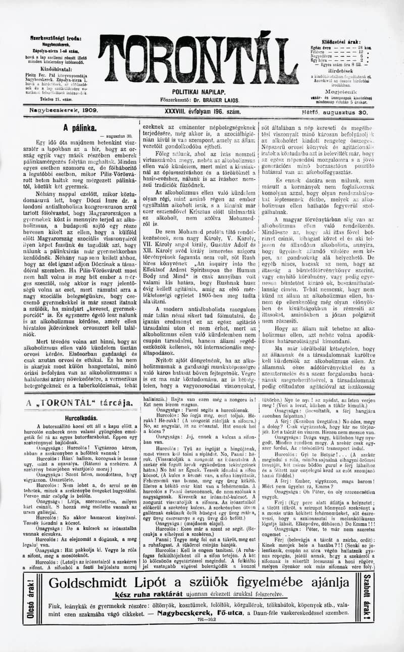 Torontál, 38. évf. 1909. augusztus 30. 196. sz.