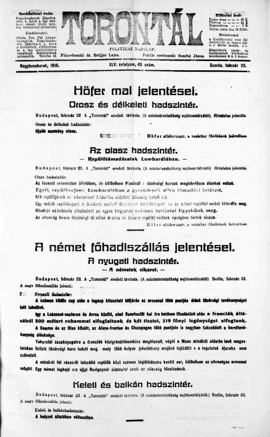 Torontál, 45. évf. 1916. február 23. 43. sz.