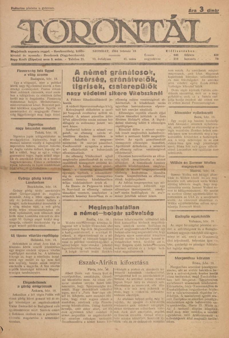 Torontál, 73. évf. 1944. február 19. 41. sz.