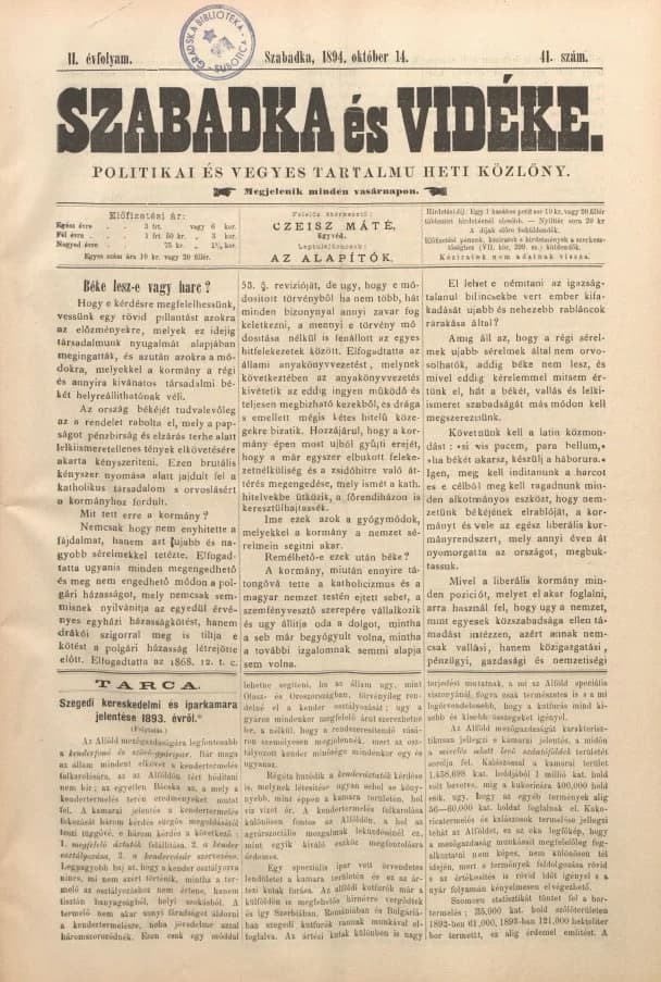 Szabadka és vidéke II, 2. évf. 1894. október 14. 41. sz.