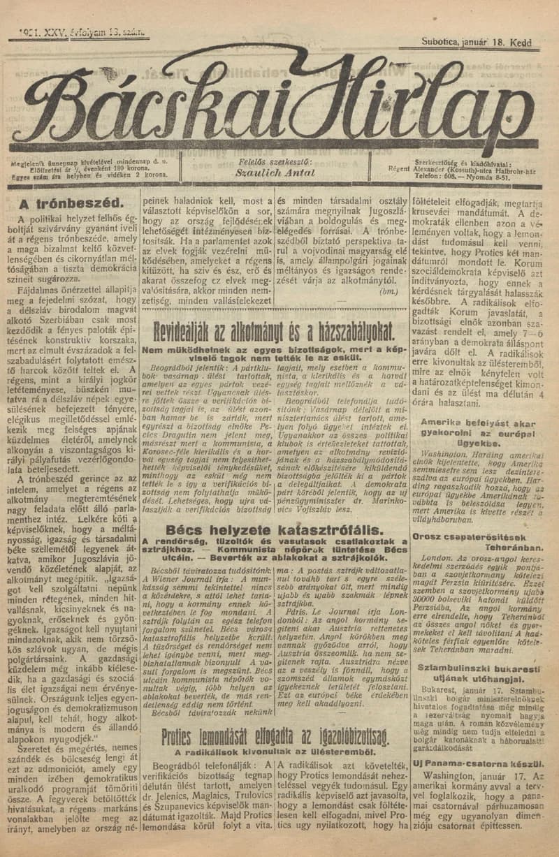 Bácskai Hirlap, 25. évf. 1921. január 18. 13. sz.