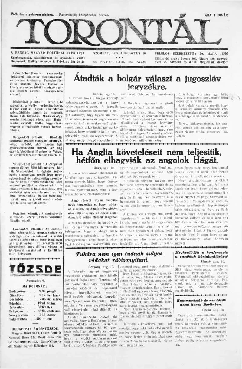 Torontál, 58. évf. 1929. augusztus 10. 183. sz.