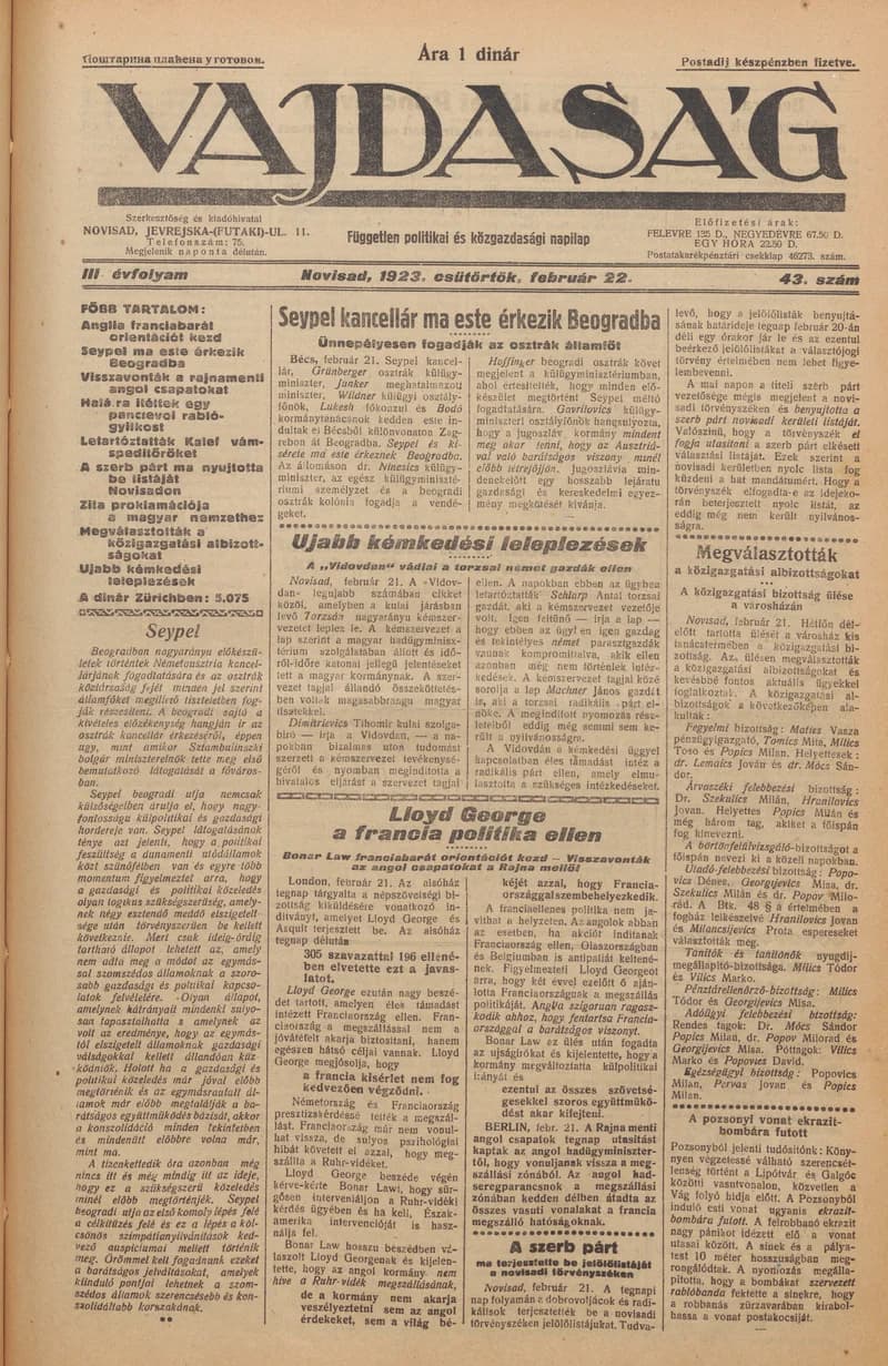 Vajdaság, 3. évf. 1923. február 22. 43. sz.