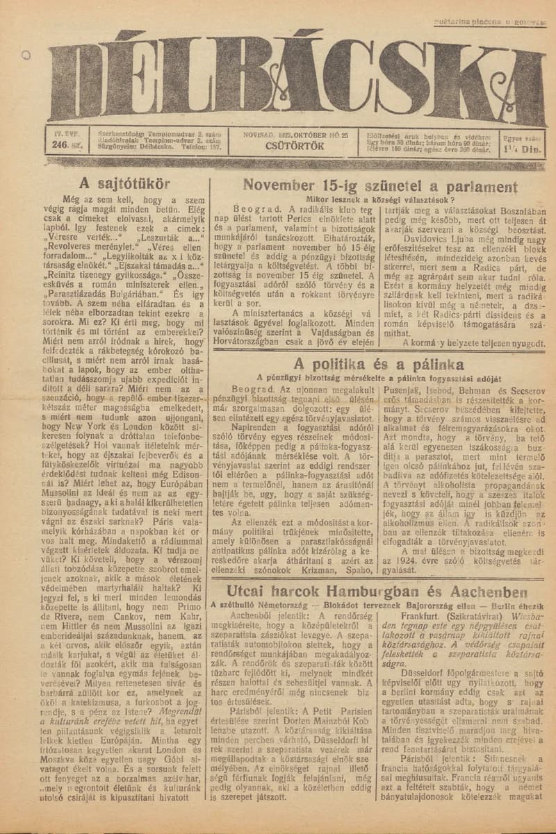 Délbácska, 4. évf. 1923. október 25. 246. sz.