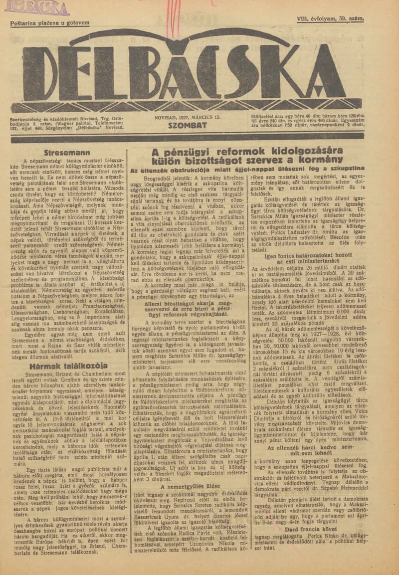 Délbácska, 8. évf. 1927. március 12. 59. sz.