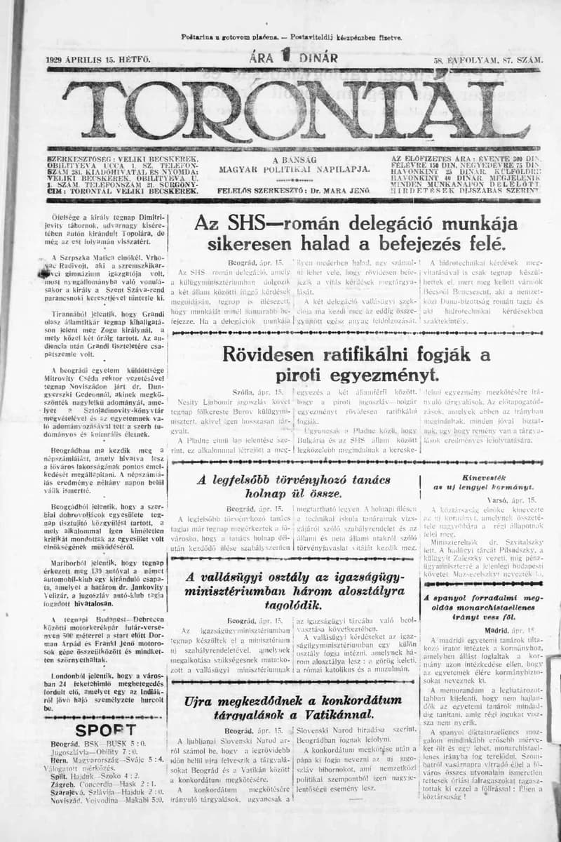 Torontál, 58. évf. 1929. április 15. 87. sz.