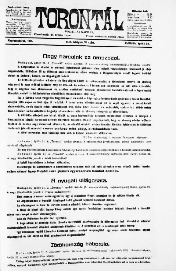 Torontál, 44. évf. 1915. április 22. 91. sz.