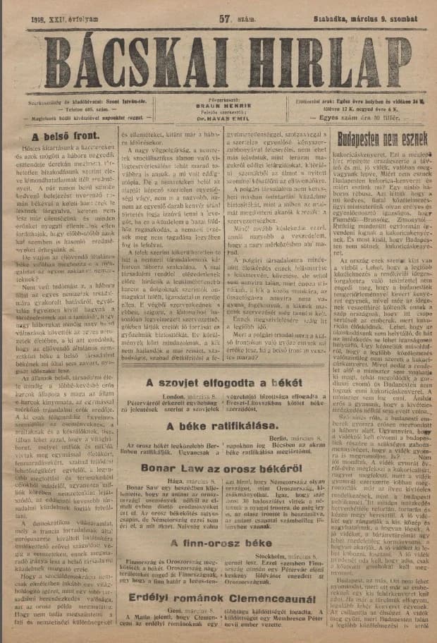 Bácskai Hirlap, 22. évf. 1918. március 9. 57. sz.