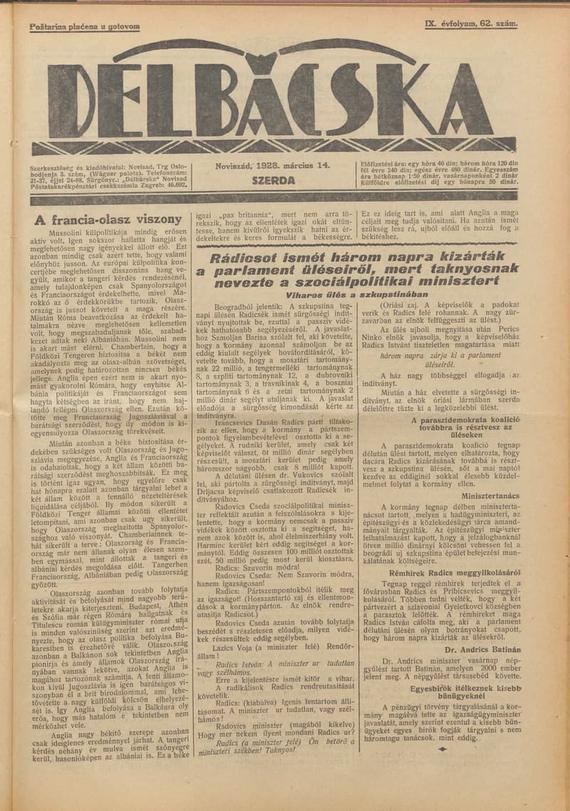 Délbácska, 9. évf. 1928. március 14. 62. sz.