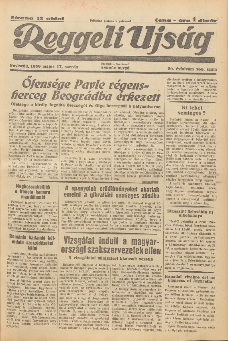 Reggeli Újság, 20. évf. 1939. május 17. 135. sz.