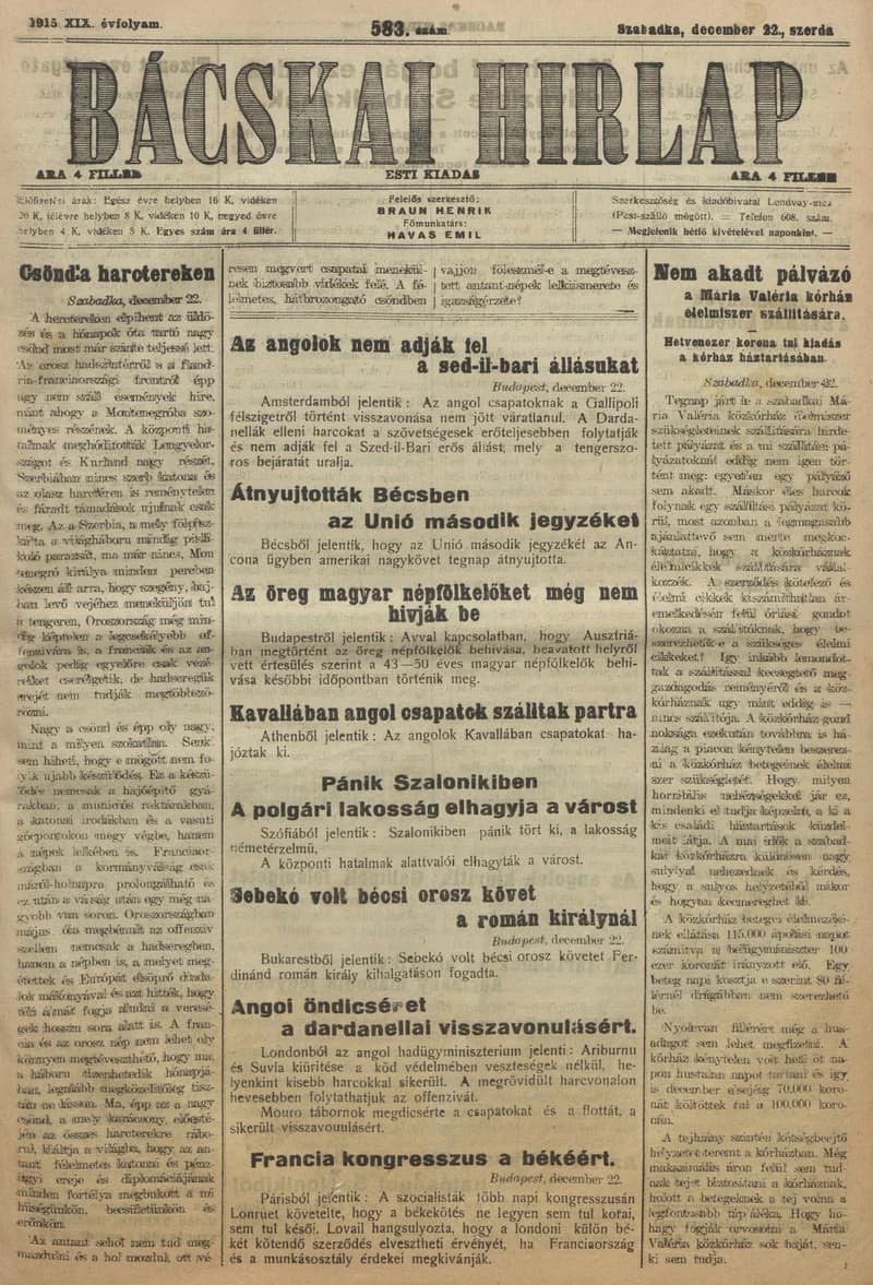 Bácskai Hirlap, 19. évf. 1915. december 22. 583. sz.