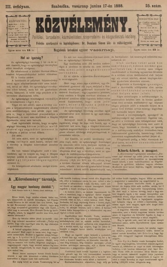 Közvélemény, 3. évf. 1888. június 17. 25. sz.