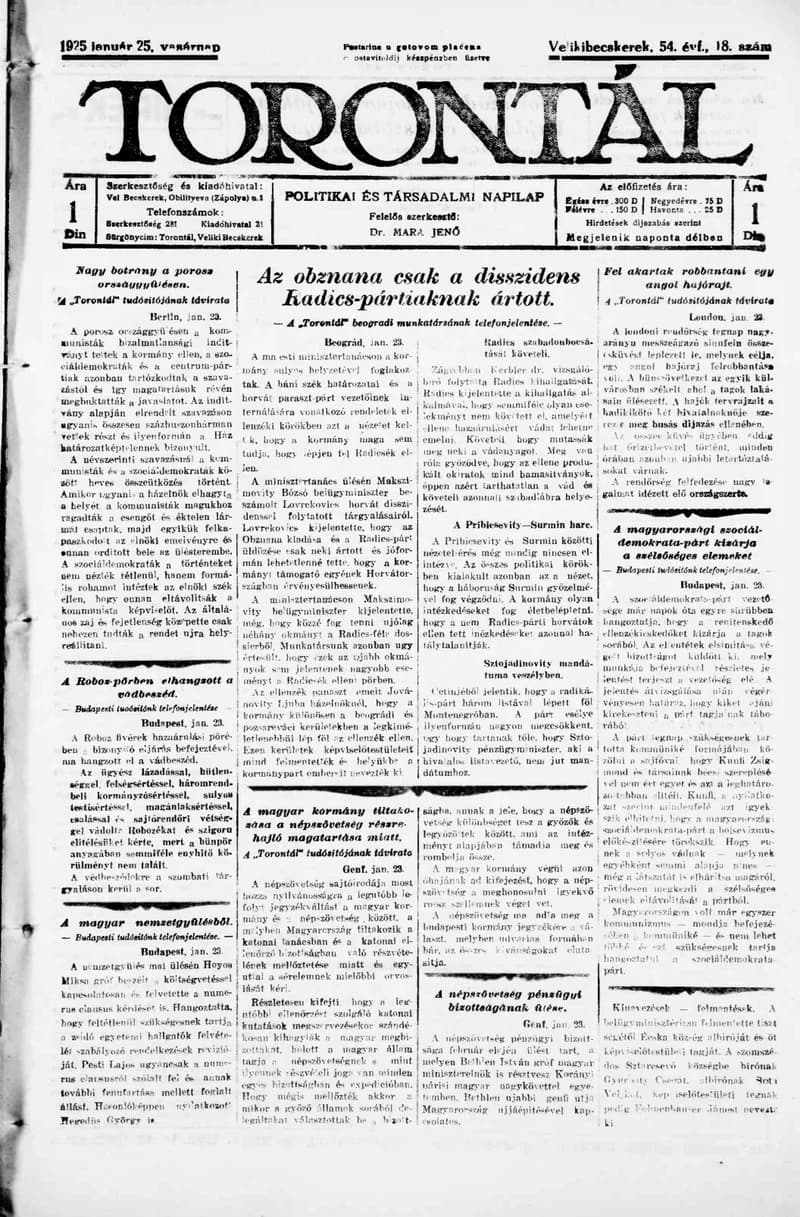 Torontál, 54. évf. 1925. január 25. 18. sz.