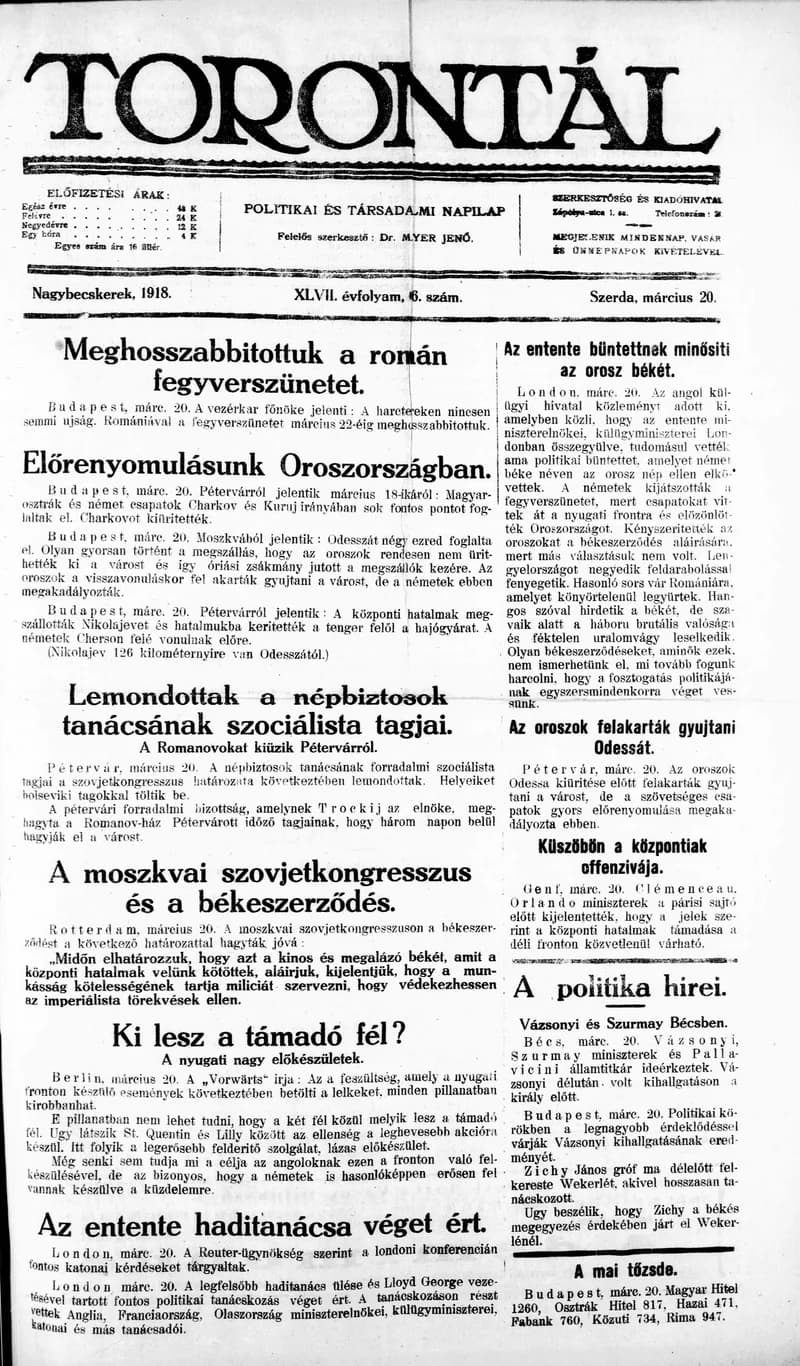 Torontál, 47. évf. 1918. március 20. 66. sz.