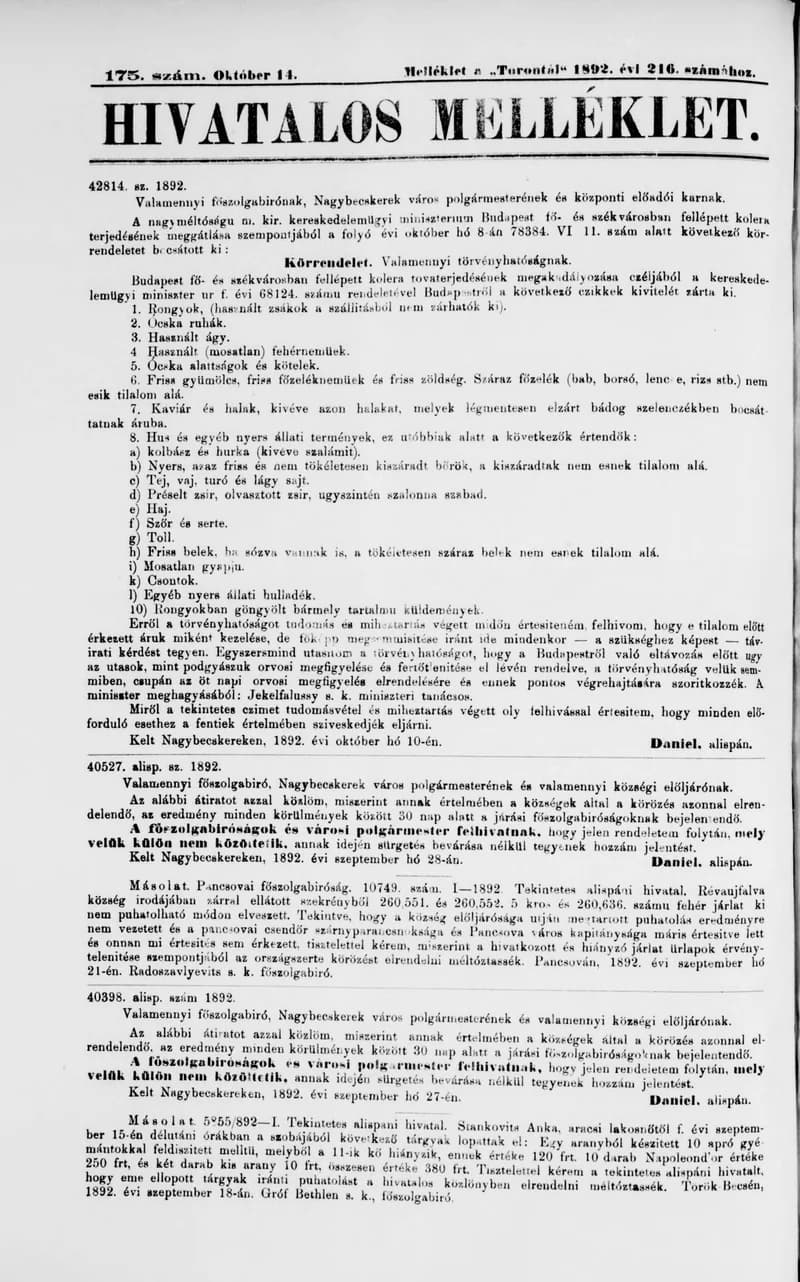 A Totontál  hivatalos melléklete, 5. évf. 1892. október 14. 175. sz.