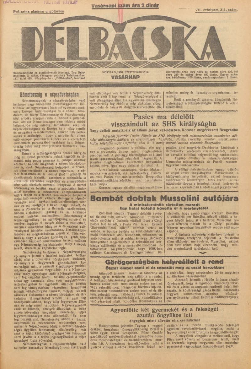 Délbácska, 7. évf. 1926. szeptember 12. 211. sz.