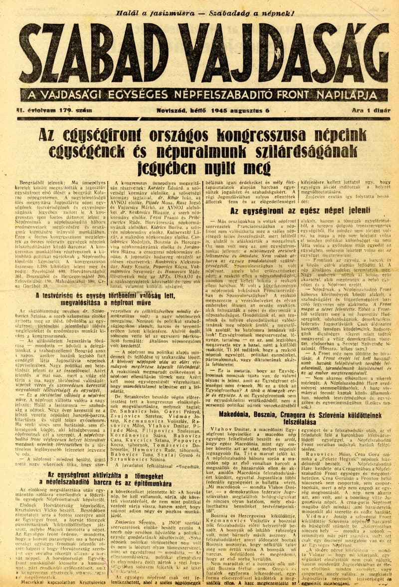 Szabad Vajdaság, 2. évf. 1945. augusztus 6. 179. sz.