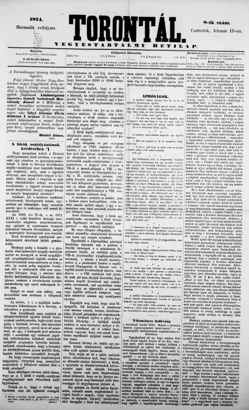 Torontál, 3. évf. 1874. február 19. 8. sz.