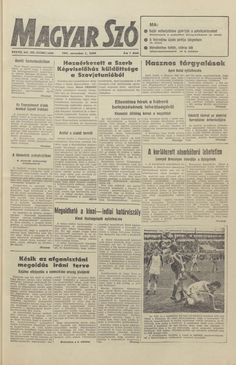 Magyar Szó, 38. évf. 1981. november 2. 302. sz.