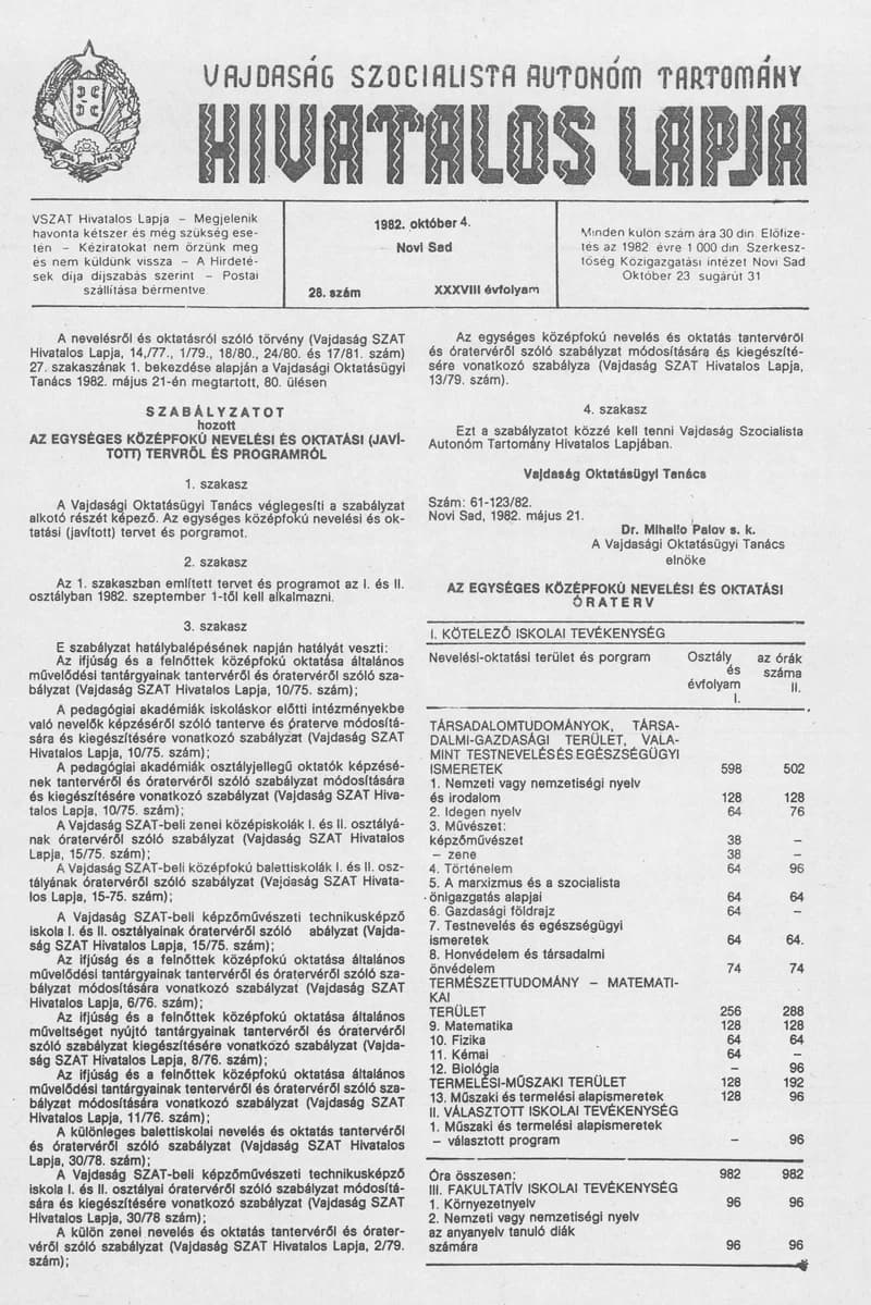 Vajdaság Szocialista Autonóm Tartomány Hivatalos Lapja, 38. évf. 1982. október 4. 28. sz.