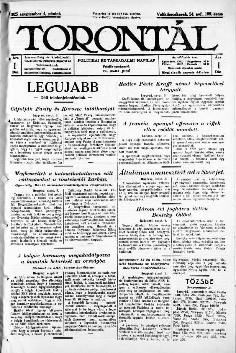 Torontál, 54. évf. 1925. szeptember 4. 199. sz.
