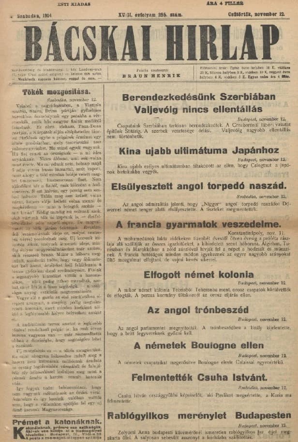Bácskai Hirlap, 18. évf. 1914. november 12. 295. sz.